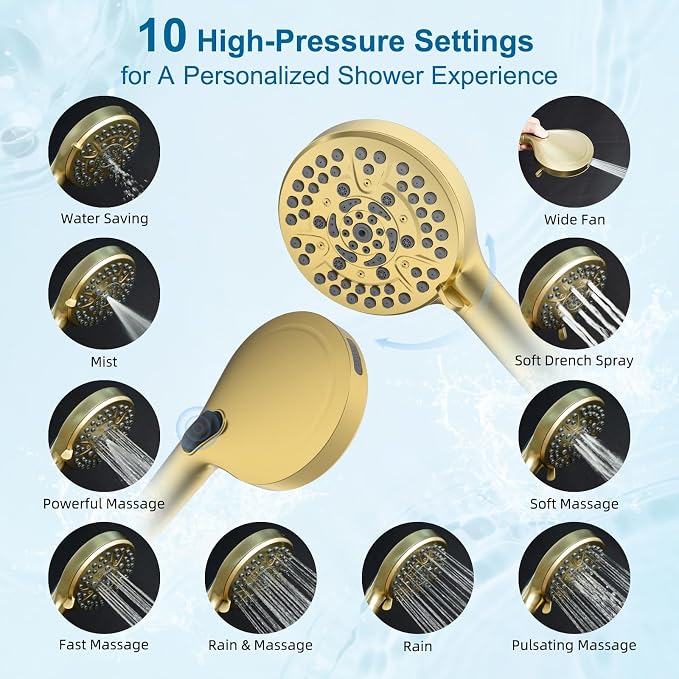 Hibbent Metal 10" High Pressure Rain Shower Head Combo, Brushed Gold | cUPC Certified Rainfall Shower Head with handheld 10 Sprays, 16'' Adjustable Extension Arm, 71'' Hose, Showerhead Holder