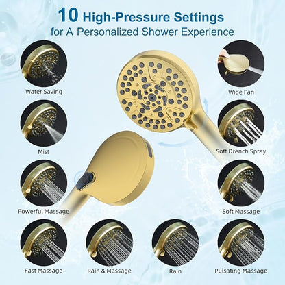 Hibbent Metal 10" High Pressure Rain Shower Head Combo, Brushed Gold | cUPC Certified Rainfall Shower Head with handheld 10 Sprays, 16'' Adjustable Extension Arm, 71'' Hose, Showerhead Holder