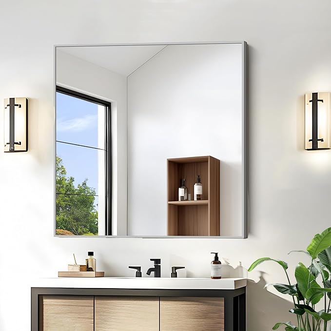 KOCUUY Silver Framed Mirror, 36"x36" Rectangle Bathroom Mirror for Wall, HD Tempered Glass, Anti-Rust Frame, Modern Design for Bathroom, Bedroom, Living Room, Entryway