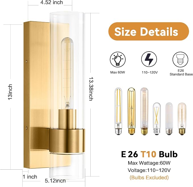 Gold Wall Sconces Set of 2, Modern Bathroom Sconces Wall Lighting Vanity Light Fixtures with Clear Glass, Bathroom Sconces Set of 2, Indoor Wall Sconce for Bathroom Living Room Bedroom