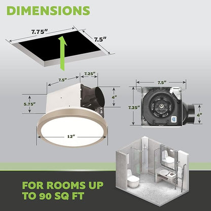 Homewerks 7105-09-BN Bathroom Fan with Light 90-CFM 1.5 Sones Round Ventilation Fan with Dimmable LED Light and Magnetic Trim Ring Brushed Nickel