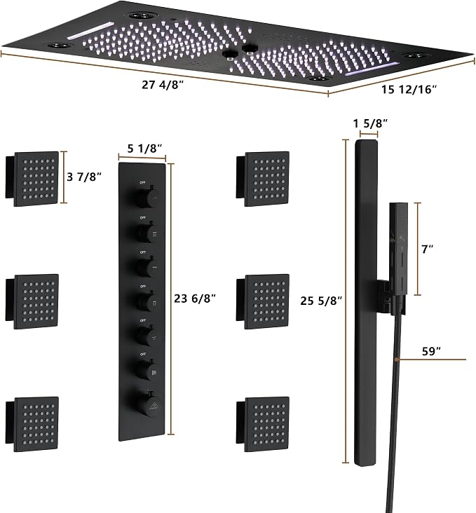 CASAINC 27x16 Inch Thermostatic Shower System Luxury 6 Functions Full Body Shower System with Sliding Rod 2 in 1 Handheld, LED & Music (Matte Black)