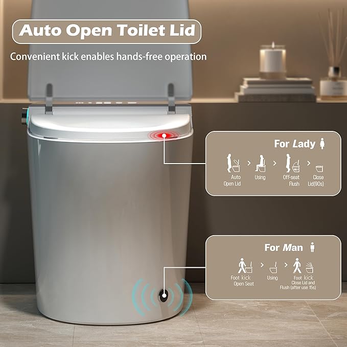 WinZo Smart Toilet with Bidet Built in, ADA One-Piece Toilet Auto Open/Close & Flush, Heated Seat, Front & Rear Wash, LED Display, Night Light, 12-inch Rough-in (Grey)
