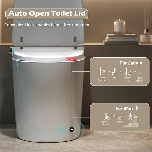 WinZo Smart Toilet with Bidet Built in, ADA One-Piece Toilet Auto Open/Close & Flush, Heated Seat, Front & Rear Wash, LED Display, Night Light, 12-inch Rough-in (Grey)