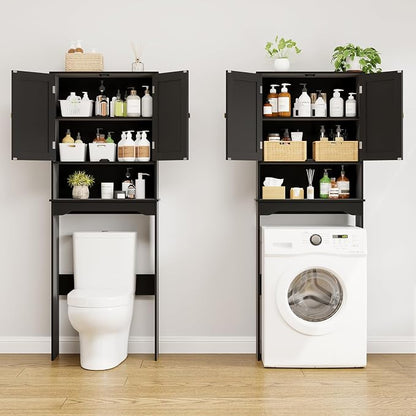 RRX Over The Toilet Storage Cabinet, Bathroom Above Organizer (Black) | Free Standing Toilet Rack with Adjustable Shelf and Open Storage, Double Doors, Space Saver,24.8" L x 9.1 "W x 65.7 "H