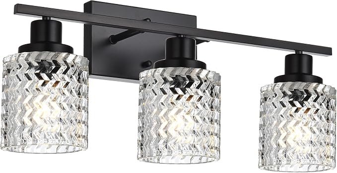 MELUCEE 3 Lights Modern Bathroom Light Fixtures Black Vanity Lights | Indoor Wall Mounted Light with Hammered Glass Shade Suitable for Bathroom Living Room Hallway