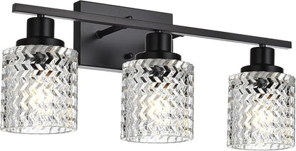MELUCEE 3 Lights Modern Bathroom Light Fixtures Black Vanity Lights | Indoor Wall Mounted Light with Hammered Glass Shade Suitable for Bathroom Living Room Hallway