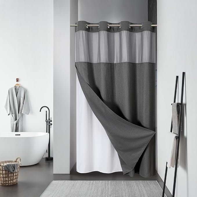 No Hook Waffle Shower Curtain with Snap-in Liner, 60x74 Inch, Charcoal | 230GSM waffle weave fabric, waterproof liner set with 2 bottom magnets, mesh window, washable, for shower stalls or bathrooms