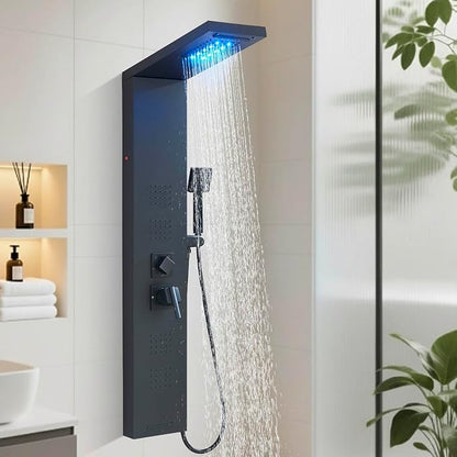 FUZ Shower Panel Tower System, Stainless Steel 5 IN 1 Shower Panel System with LED Fancy Rain Shower Head and Handheld, Adujstable Rainfall Massage Body Jets and Tub Spout, Matte Black Shower Tower