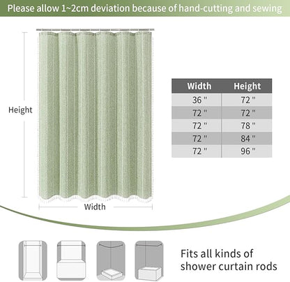 Boho Farmhouse Tassel Linen Shower Curtain,3D Embroidery Stripe Sage,72x96 | Extra Long Xl,310GSM Striped Texture Heavy Duty Cloth,Water Repellent,Wrinkle Resistant,Vintage Rustic Country design