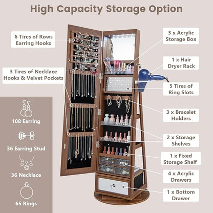 GOFLAME 360 Rotating Jewelry Cabinet with Full Length Mirror, Standing LED Jewelry Armoire, Lockable Organizer with Hair Dryer Rack, Back Storage Shelves, Inner Makeup Mirror, Walnut
