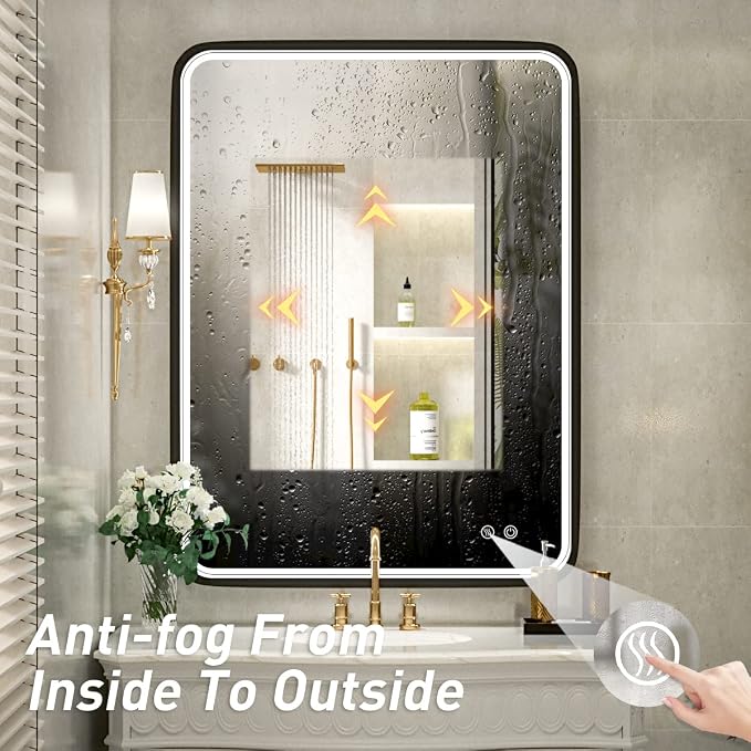 36x28 Inch LED Black Frame Bathroom Mirror,3 Color | ETL Listed,Anti-Fog,3000K/4500K/6000K Dimmable,Horizontal & Vertical,Wall Mounted,Memory Function
