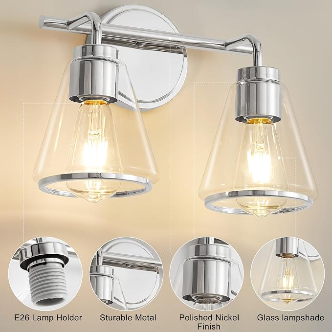 Bathroom Light Fixtures Over Mirror Polished Nickel Vanity Light 2-Lights | Bathroom Vanity Lights with Clear Glass Shade, 14 inch Vanity Lighting Fixtures, Modern Wall Sconces Bath Light