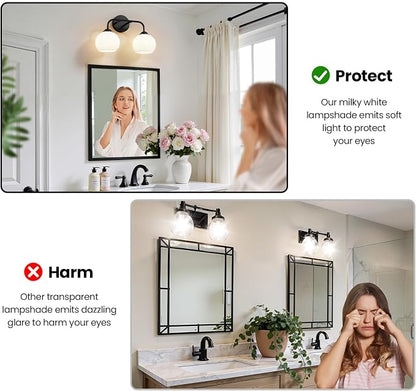 RUIYEY Bathroom Vanity Light Fixtures: 2-Light Black Bathroom Lighting Fixtures Over Mirror with Milky White Frosted Glass Shade, Farmhouse Modern Wall Light for Bathroom