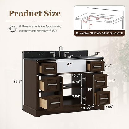 48" Bathroom Vanity with Sink, Fully Assembled, Walnut | Solid Wood Frame with Quartz Countertop, Ceramic Sink & Backsplash, Soft-Close Doors and 6 Full-Extension Drawers