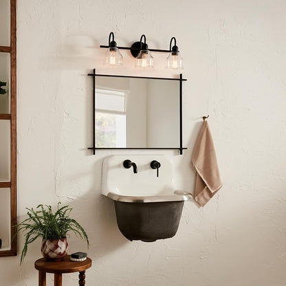 Kichler Avery 24" 3-Light Bathroom Vanity Light in Black with Clear Seeded Glass for Bathroom and Powder Room Vanity, Industrial Styling, (24" W x 9.5" H x 8.25" Ext.), 45973BK