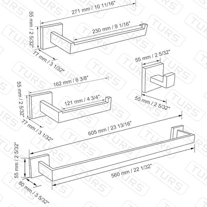 TURS 4-Piece Bathroom Hardware Set Black Towel Bar Set Stainless Steel Towel Bar Hand Towel Holder Toilet Paper Holder Towel Hooks Wall Mount
