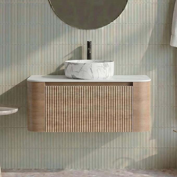 36" Preassembled Floating Bathroom Vanity with Carrara Finish Sink, Oak | Mid-Century Modern Style, Fluted & Soft-Close Drawer with U-shaped Wall, Sinterted Stone Countertop, Towel Rack Included