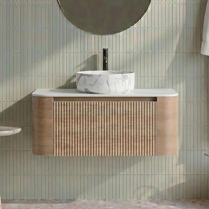36" Preassembled Floating Bathroom Vanity with Carrara Finish Sink, Oak | Mid-Century Modern Style, Fluted & Soft-Close Drawer with U-shaped Wall, Sinterted Stone Countertop, Towel Rack Included