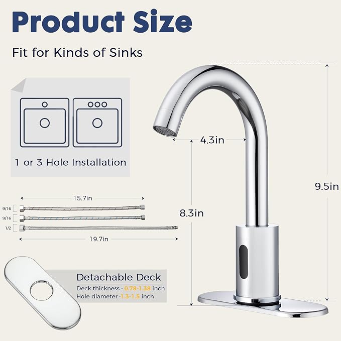 Touchless Bathroom Faucets for 1 or 3 Hole, Tall Body Automatic Bathroom Sink Faucets with Deck Plate,Silver Motion Sensor Commercial Faucets for Bathroom&Kitchen,360° Swivel Spout,Chrome