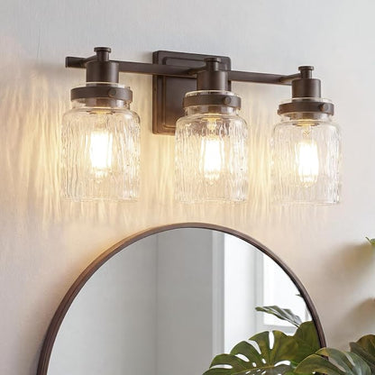 3 Light Bathroom Vanity Light Fixtures Farmhouse Oil Rubbed Bronze | ETL Certificate, Easy to Install,Wall Mount Up or Down,Hammered Glass Lampshade,E26 Socket,Hardwired,120V