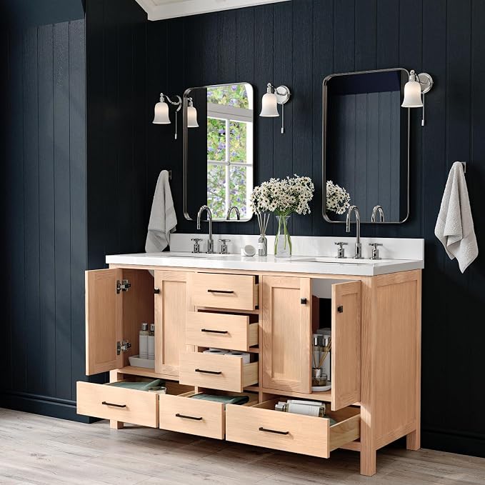 ARIEL Cambridge 60-inch Bathroom Vanity with Sink,Solid Wood, 1.5-inch Pure White Quartz Countertop, Double Rectangular Porcelain Sink, 4 Soft Closing Doors, 6 Dovetail Drawers, White Oak