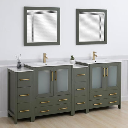 Vanity Art 84 Inch Under Mount Double Sink Bathroom Vanity Cabinet with 2 Mirrors, Ceramic Top Bathroom Cabinet Compact Set with 10 Dovetail Storage Drawers and Golden Brushed Handles, VA3030-84-VG