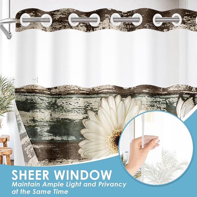 No Hook Shower Curtain with Snap in Liner 71x86 Inch Wood Flower | Vintage Daisy Boards Modern Double Layers Waterproof Fabric with See Through Top Window Open Grommet Bath Curtain