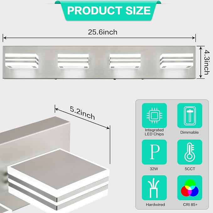 SOLFART Bathroom Vanity Light Over Mirror - 4 Light Led Vanity Light Fixture 26inch Matt Lights for Medicine Cabinet 5CCT Dimmable