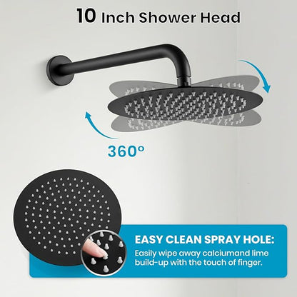 gotonovo Shower System 10 Inch Round Rainfall Showerhead Wall Mounted High Pressure Shower Faucet Set Fixture Combo with Rough in Valve and Cylindrical Handheld Spray, Matte Black
