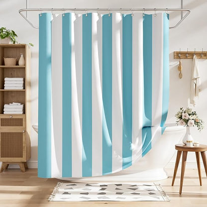 AmazerBath Blue Vertical Stripes Shower Curtain, Cute Blue Stripe Bathroom Shower Curtain with 12 Shower Curtain Hooks, Rustic Fabric Blue and White, 72x72 Inches