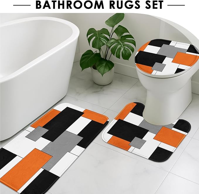 Bathroom Sets with Shower Curtain and Rugs, 4 Pcs, Geometric | Checkered Modern Abstract Orange Bathroom Decor Set with Toilet Lid Cover, Non-Slip Bath Mats and Accessories 12 Hooks