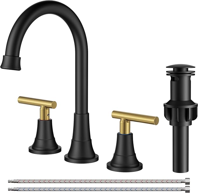 FORIOUS 8 Inch Widespread 3 Hole Bathroom Faucet Black and Gold, Mix Color | FORIOUS Widespread Bathroom Faucet Black and Gold Vanity, Two Handle Black and Brushed Gold Bathroom Sink Faucet 3 Hole