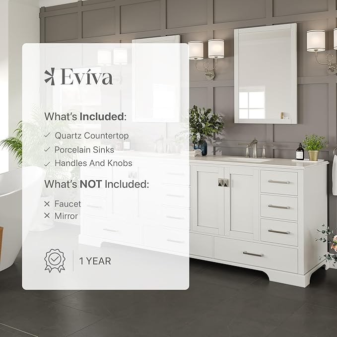 Eviva Storehouse Freestanding Double Sink Bathroom Vanities - White 84” Vanity with Sink and Countertop - Solid Wood Bathroom Sink Vanity