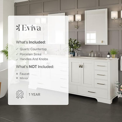 Eviva Storehouse Freestanding Double Sink Bathroom Vanities - White 84” Vanity with Sink and Countertop - Solid Wood Bathroom Sink Vanity