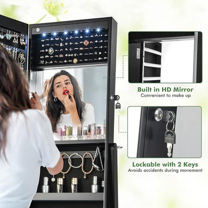 CHARMAID Jewelry Armoire Cabinet with Full Length Mirror, 6 LEDs Standing Lockable Jewelry Organizer with Vanity Makeup Mirror, 4 Storage Drawers, 4 Shelves, Lipstick Tray, 4 Angles (Black)