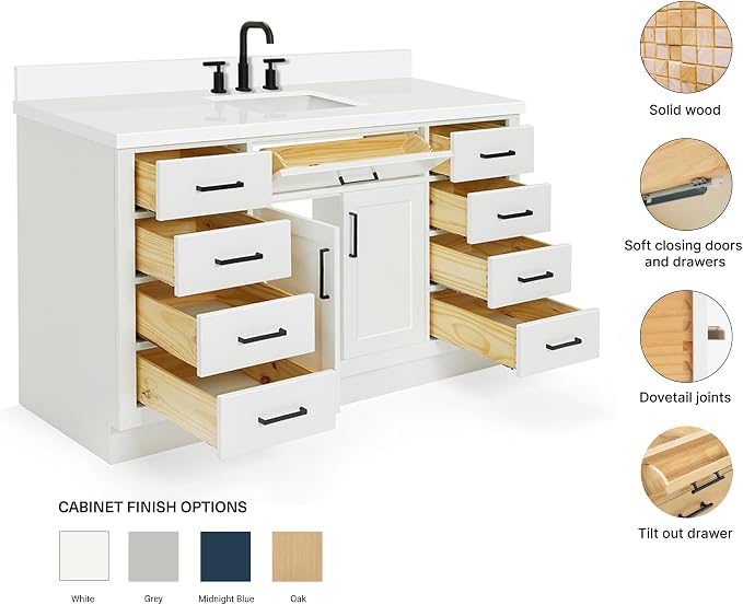 ARIEL Hepburn 60-inch Bathroom Vanity with Sink,Solid Wood, 1.5-inch Pure White Quartz Countertop & Backsplash, Single Rectangular Porcelain Sink, 2 Soft Closing Doors, 9 Dovetail Drawers, White