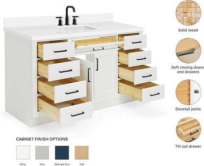ARIEL Hepburn 60-inch Bathroom Vanity with Sink,Solid Wood, 1.5-inch Pure White Quartz Countertop & Backsplash, Single Rectangular Porcelain Sink, 2 Soft Closing Doors, 9 Dovetail Drawers, White