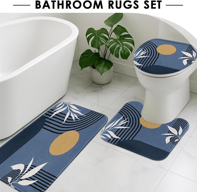 Bathroom Sets with Shower Curtain and Rugs, 4 Pcs, Boho Modern | Geometric Abstract Mid Century Bathroom Decor Set with Toilet Lid Cover, Non-Slip Bath Mats and Accessories 12 Hooks