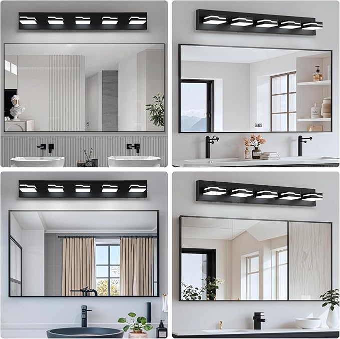 LED Modern Bathroom Vanity Light Fixtures 5-Light, 32 inch Dimmable Matte Black Vanity Lights for Bathroom Lighting Fixtures Over Mirror, with 350°Rotatable Acrylic Heads(White Light 5500K)