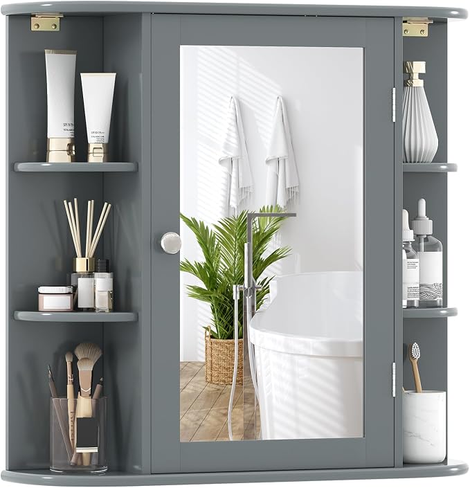 GIANTEX Bathroom Mirror Cabinet (Grey) | Wall Mounted Medicine Cabinet with Mirrored Door & 4 Interior Shelves, 6 Open Shelves, Space-saving Storage Cabinet