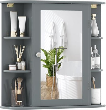 GIANTEX Bathroom Mirror Cabinet (Grey) | Wall Mounted Medicine Cabinet with Mirrored Door & 4 Interior Shelves, 6 Open Shelves, Space-saving Storage Cabinet