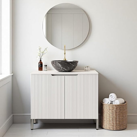 30" Bathroom Vanity with Sink, Small Bathroom Storage Cabinet with Durable Black Bowl Shaped Ceramic Basin and Sintered Stone Countertop and Soft Closing Doors, Freestanding Vanities, White