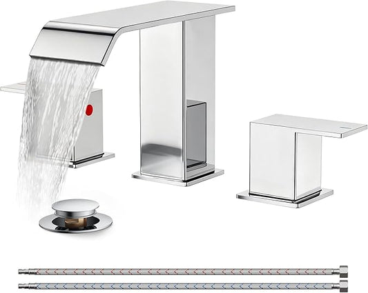 FORIOUS Bathroom Faucet 3 Hole Chrome, 8 Inch Widespread Bathroom Sink Faucet Waterfall Spout, with Pop Up Drain and Water Supply, Suitable for Vanity Rv Commercial Lavatory Restroom