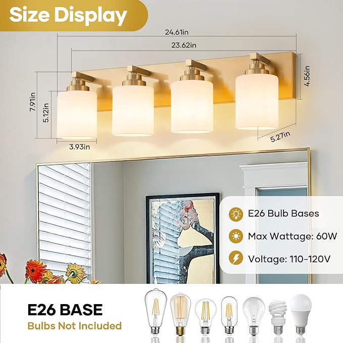 Vanity Lights for Bathroom, 4-Light Brushed Gold Bathroom Vanity Light Over Mirror with Milky White Glass Shades, Modern Bathroom Light Fixtures for Living Room Hallway Cabinet (Bulbs Not Included)