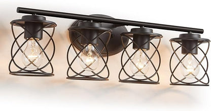 Bathroom Vanity Light Fixtures Over Mirror, 4 Lights Bathroom Vanity Lights, Matte Black Vanity Light, Modern Bathroom Lights with Cage Shade, Bathroom Wall Lamp for Mirror Kitchen Bedroom