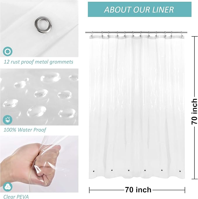 70x70 Shower Curtain Liner Clear | 6 Bottom Magnets,12 Rustproof Grommets,Water Proof Heavy Duty PEVA,70W x 70H for Bathroom