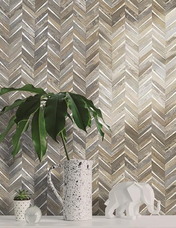 DICOFUN 10-Sheet Herringbone Peel and Stick Backsplash for Kitchen, Distressed Wood Wood Look PVC Mixed Metal Chevron Stick on Backsplash Wall Tiles