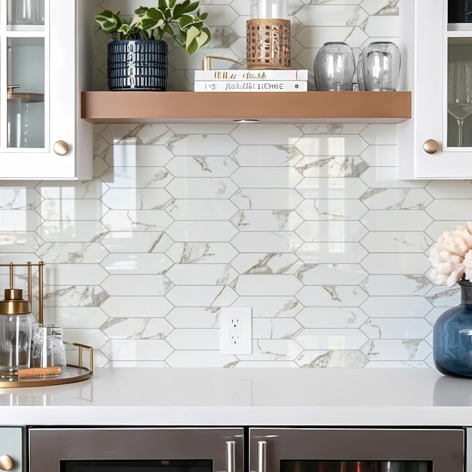 Vamos Tile Glossy White Marble with Gold Veining Backsplash Tile Peel and Stick, 12.8 x 12.8 Inch 10 Sheets Long Hexagon PVC Self Adhesive Mosaic Tiles Stick on Backsplash for Kitchen and Bathroom