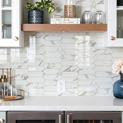 Vamos Tile Glossy White Marble with Gold Veining Backsplash Tile Peel and Stick, 12.8 x 12.8 Inch 10 Sheets Long Hexagon PVC Self Adhesive Mosaic Tiles Stick on Backsplash for Kitchen and Bathroom